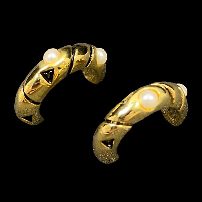 Vintage Hoop Earrings Pierced Stud GoldTone Faux Pearl .75''