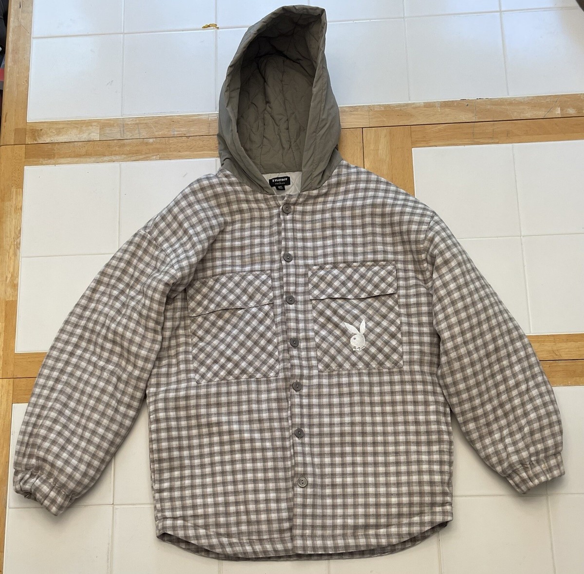 RARE Pacsun Playboy Jacket Men M/L Plaid Khaki Hood Quilt Lined Pockets  Runs Big