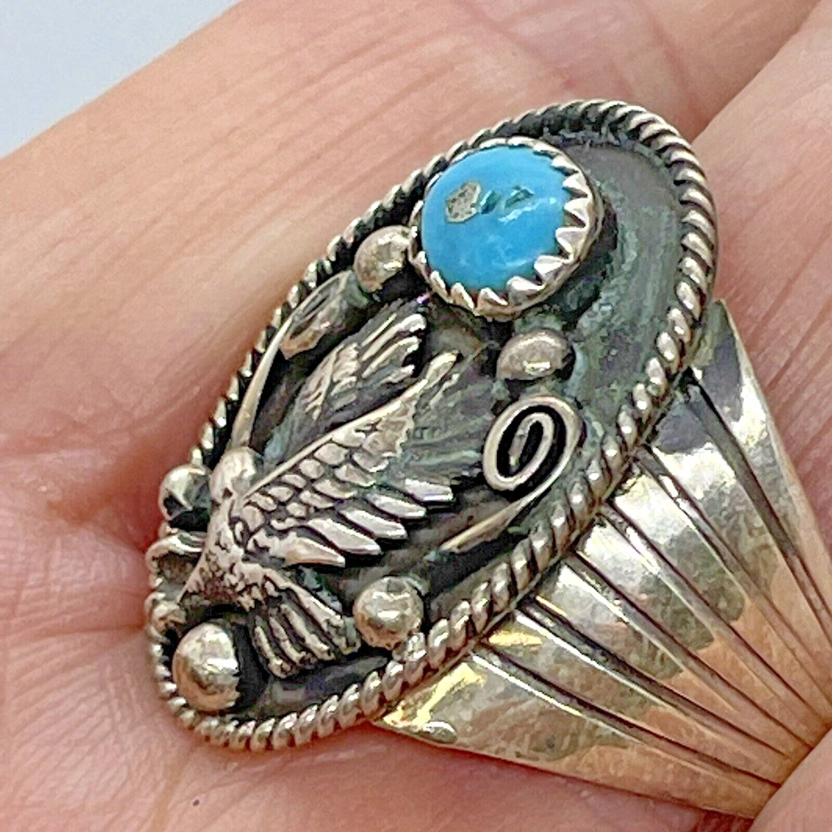 Navajo Eagle Turquoise Men s Ring Size 10.5 Sterling Silver By
