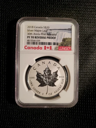 2018 $20 Canada 1 oz Reverse Proof Silver Maple Leaf, NGC PF70, 30th Anniv