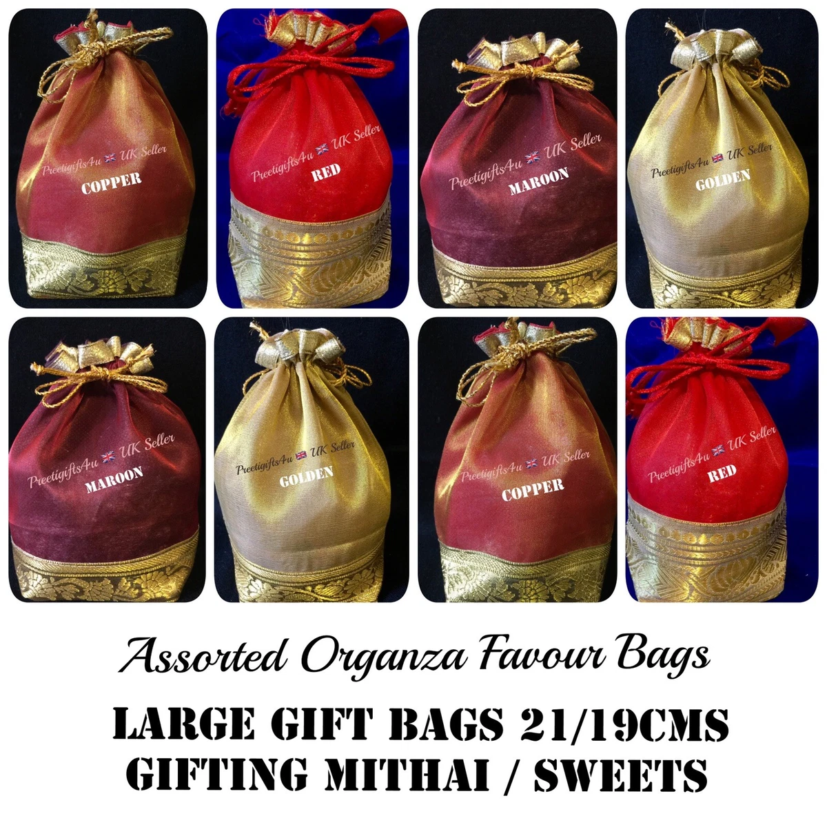 Brown Leaf Royal Premium Golden Print Party Favor Goodies Bag Handmade  Multi colors for Wedding, Valentine, Christmas, Birthday Return Gifts(Made  In India) (Set Of 12, Only Party Favor Goodies Bags) : Amazon.in: