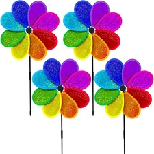 4PCS Flower Wind Spinner Sparkly Lawn Pinwheel 11.8 Inch Colorful Rainbow Garden
