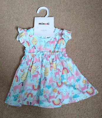 Minoti Baby Rainbow Animals Print Dress W/Built-in Bodysuit Newborn 100% Cotton