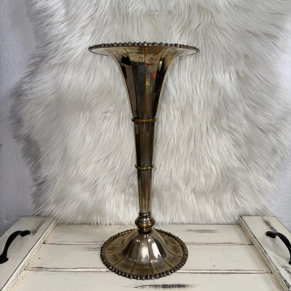 "Florero trompeta 15"" con paneles borde Gadroon plata oro deslustre" Foto 2 de 4