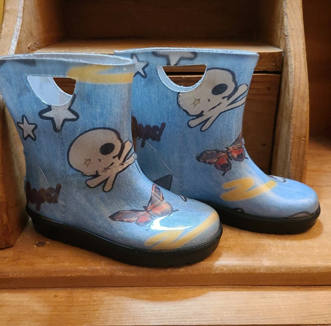 Ugg Kids Girls Raana Patches Denim Rain Boots 9 Daisy Rainbow