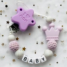 Personalised Dummy Clip Wooden Crochet Baby Pacifier Clip Chain Girl Or Boy