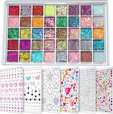 Face Glitter Face Gems, 40 Colors Glitter Gel Palette with 6 Sheets Self Adhesiv