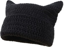 Women Cat Ear Beanie Hat, Slouchy Crochet Striped Caps Goth Knitted Alt Hat