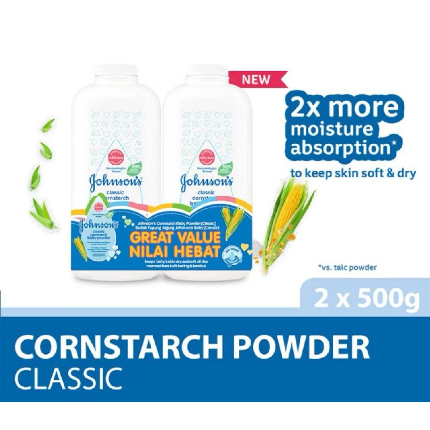 Johnson's Baby Powder 2x500g | Classic Talc Cornstarch | Gentle Twin Pack