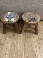Two Rustic Wood Wooden Painted Bunny Rabbit Elephant Child Stool Nursery CRUK