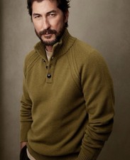 Banana Republic Mens Large Italian Wool-Blend Mock-Neck Sweater Green Buttons L