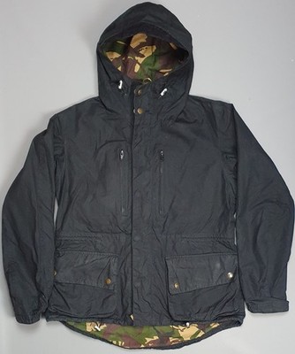 Barbour x Tokito Wax Camo Jacket Mens Medium Navy Blue Hooded Biker Coat