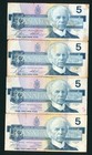(( FOUR NOTES )) $5 1986 Bank of Canada - Ottawa ** PAPER CURRENCY (PINHOLES)