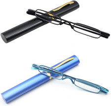 2 Pack Mini Slim Pen Reading Glasses with Portable Clip Case Pocket Readers
