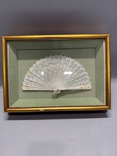Vintage Framed Hand Carved Decorative Fan Shadow Box Asian Style Faux Bone Wall