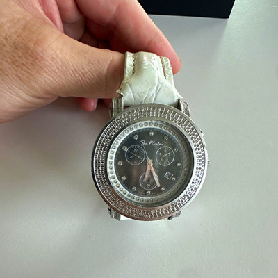 Joe Rodeo Chronograph Date Black Pearl Dial 2.1 CT Diamond Bezel  White Leather
