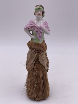 Vtg Art Deco Flapper Girl Half Doll Crumb Brush Vanity Whisk Broom Porcelain