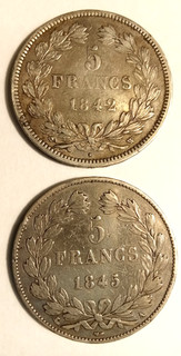 lot de 2 pièces de 5 francs argent Louis Philippe 1842 W 1845 A Cod.inv304