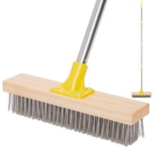 Wire Broom Scrubbing Brush with Long Handle, Stiff Metal Bristle Deck Scrub Bru
