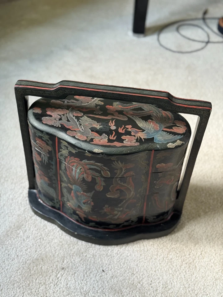 Антикварная китайская лакированная многоярусная свадебная корзина/шкатулка для приданого — начало 20 века - Изображение 2 из 4