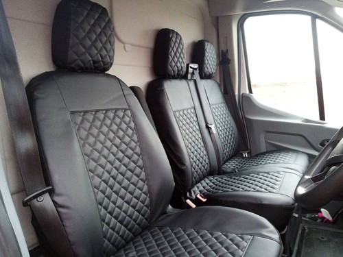 Seat Covers 2+1 FOR FORD TRANSIT CUSTOM 2015 + BLACK CENTER Eco Leather RHD - Picture 2 of 5