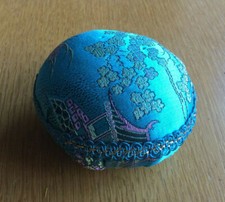 Vintage Asian Style Blue Turquoise Pin Cushion Chinese or Japanese Pagoda Fabric