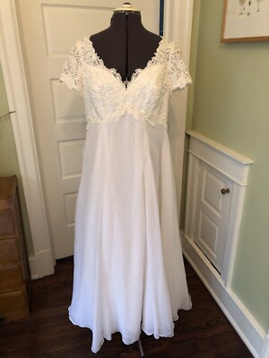 Short Sleeved White Chiffon and Lace Wedding Dress with Empire Waist,  Ladies | eBay