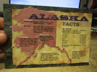 N9 ALASKA new Postcard State Facts Map Daylight Hours Volcanoes Earthquakes Mtns