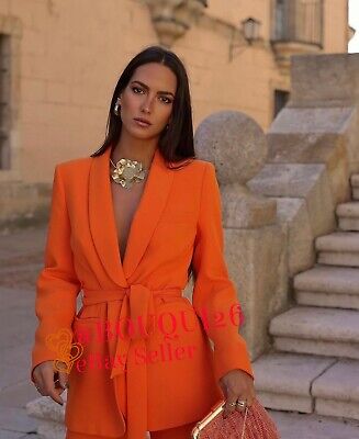 ZARA NEW WOMAN TUXEDO COLLAR BLAZER WITH BELT JACKET ORANGE ZARA NEW WOMAN TUXEDO COLLAR BLAZER WITH BELT JACKET ORANGE