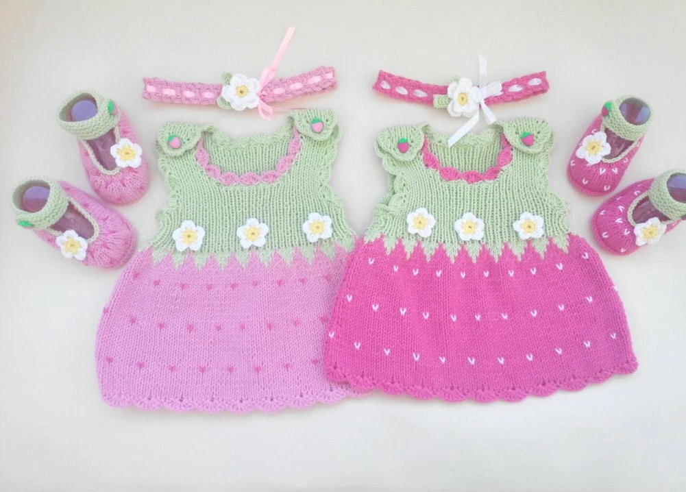 Pink Strawberry costume baby girl, hand kntted dress booties headband