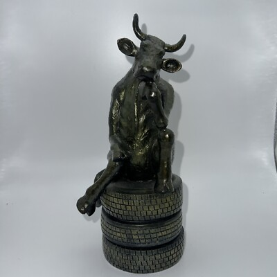 #ad Posing Thinking Bull Cow Statue Sitting On Tires Very Unusual $44.26