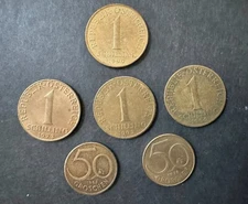 Lot of Six Austrian Coins: Four 1 Schilling Coins and Two 50  Grochen Coins