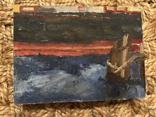 Modern old on board landscape painting of ocean bardo dock with wood piling