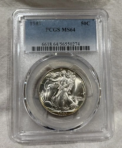 GRADED 1943 Walking Liberty Half Dollar PCGS MS64 Silver American Coin