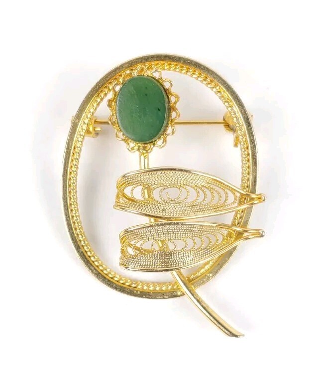 Nephrite Jade Brooch Pin Oval Gold Tone Flower Filigree Leaves