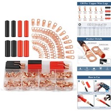 130pc Copper Wire Lugs Battery Cable Ends Ring Terminal Connectors Heat Shrink
