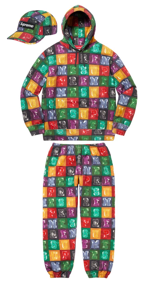 Authentique sweat à capuche, pantalon de survêtement et casquette Supreme Blocks   Taille S 