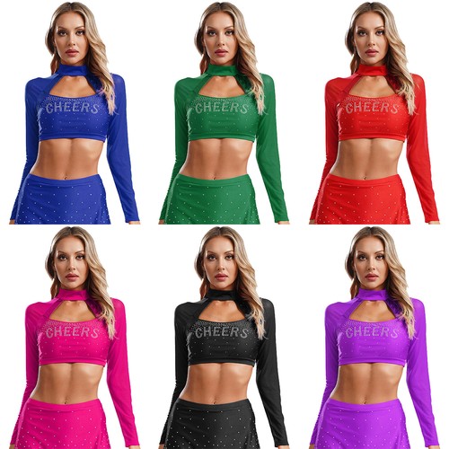 Women Cheer Uniform Tops Night Club Crop Top Rhinestone Cheerleader Costume - Picture 3 of 87