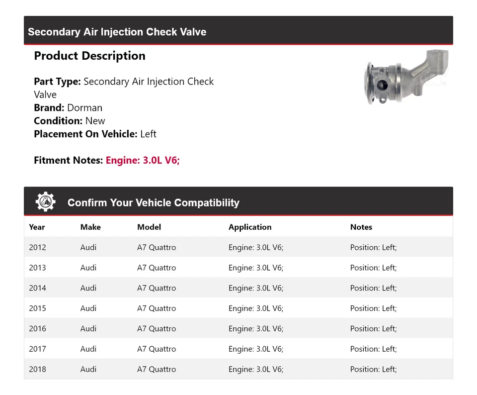 Válvula de retención de inyección de aire secundaria 2013 para Audi A7 Quattro Dorman 2012-2018 Foto 2 de 4
