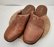 Clarks 80930 Brown Tan Leather Slip On Clog Mules 6M Women