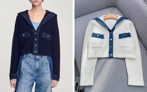 Damen Sandro Baumwollmischung Kontrast Langarm Strick Cardigan Oberteil - Bild 1 von 8