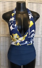NWT Cupshe Womens One Piece Swimsuit Size Medium Blue Floral Yellow White Halter