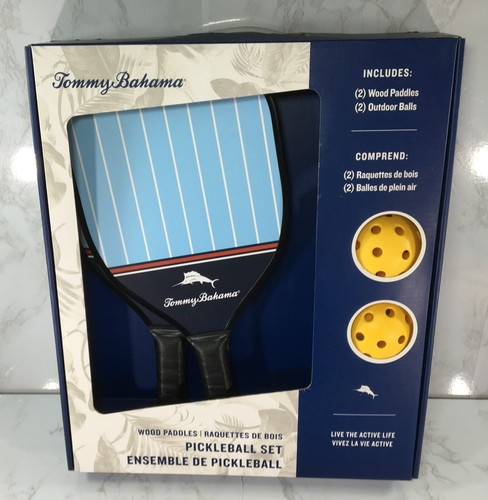 Tommy Bahama Pickleball Set, 2 hellblau/weiß gestreifte Holzpaddel & 2 Bälle - Bild 1 von 10