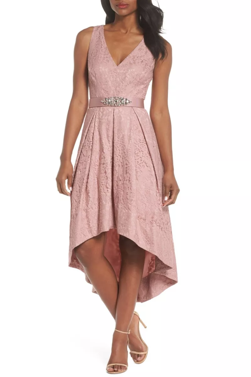 ELIZA J Blush Pink Lace Rhinestone Belted Asymmetric High Low