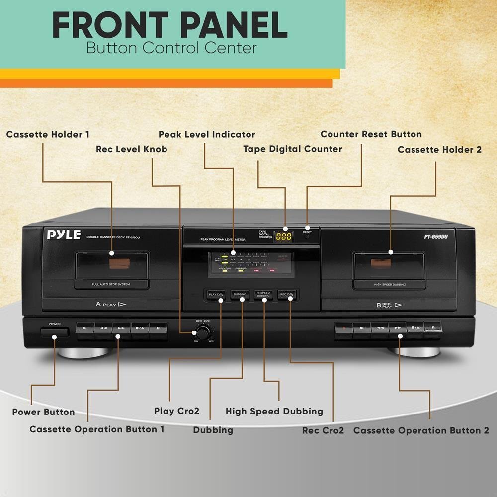 PyleUsa PT649D.5 Dual Cassette Deck | Music Recording Device