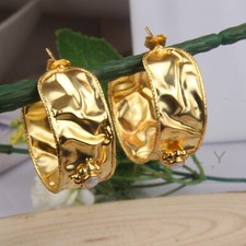 18k Gold Plated Wide Hammered Pearl Hoop Earrings Wedding Festival Style Jewelry
