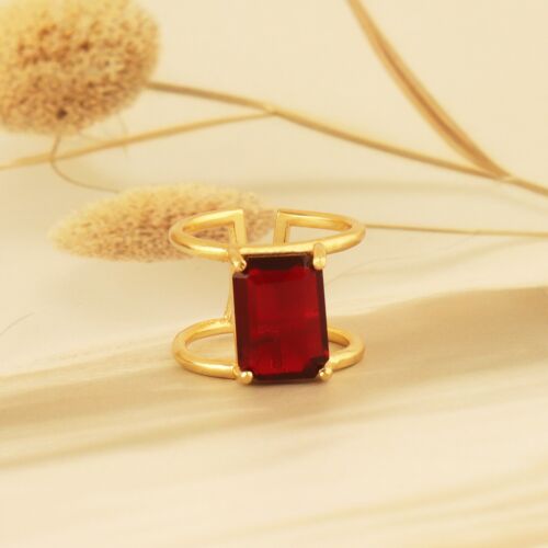 Garnet Quartz Octagon Shape Double Band Gold Plated Prong Set Adjustable Ring - Picture 2 of 3