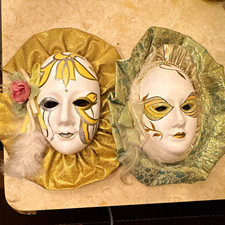 Lot of 2 Decorative Masquerade Masks White/Gold/Green Painted Plaster/Fabric