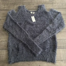 NWT Anthropologie Moth Bienne Gray Chenille Fuzzy Cold Shoulder Sweater Sm