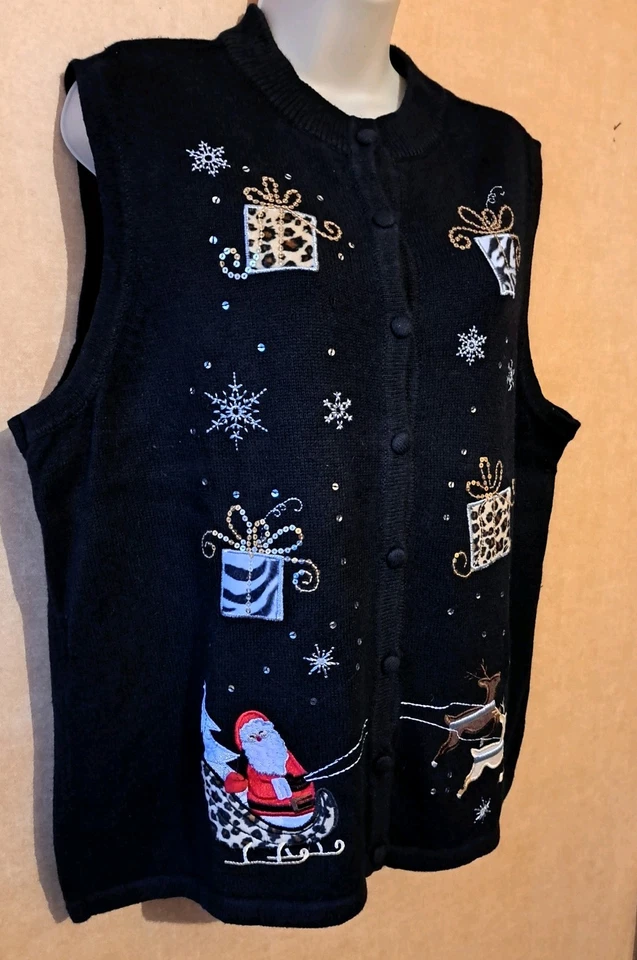 CJ Banks Sweater Vest Black Ladies 1X Button Up  Embelished Y2K Ramie Cotton - Image 3 of 4